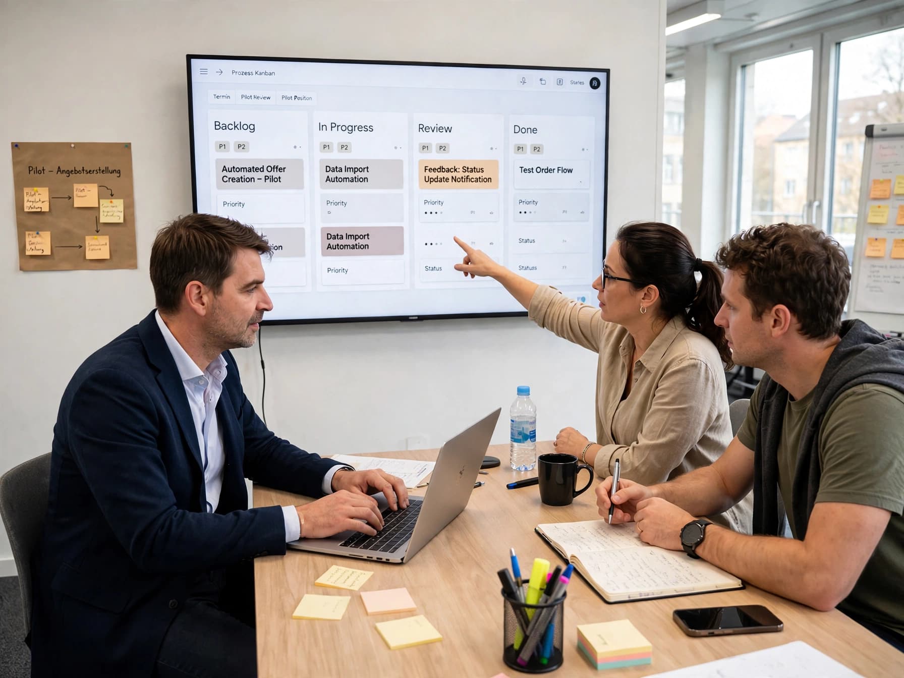Szenische Darstellung eines Teams, das einen Prozess-Kanban und den Stand eines Automatisierungspiloten bespricht